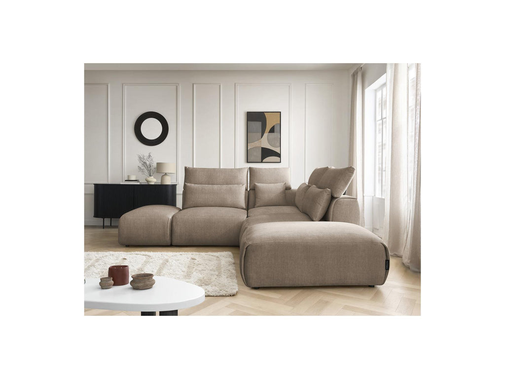Jana - Canapé D'Angle Fixe Modulable Avec Têtières - Tissu Velours Avec 2 Chauffeuses, 1 Angle Et 2 Poufs - Réversible
