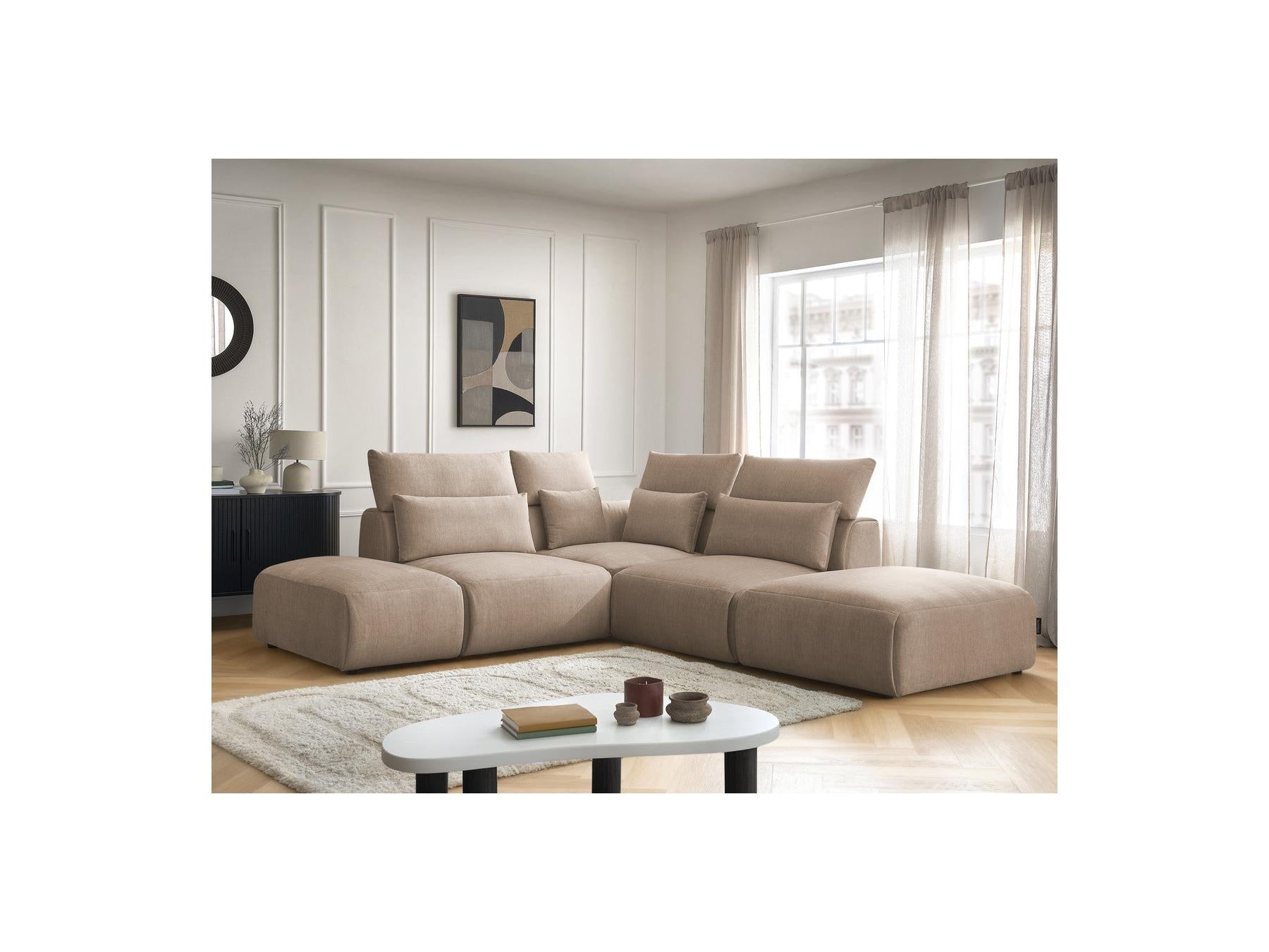 Jana - Canapé D'Angle Fixe Modulable Avec Têtières - Tissu Velours Avec 2 Chauffeuses, 1 Angle Et 2 Poufs - Réversible
