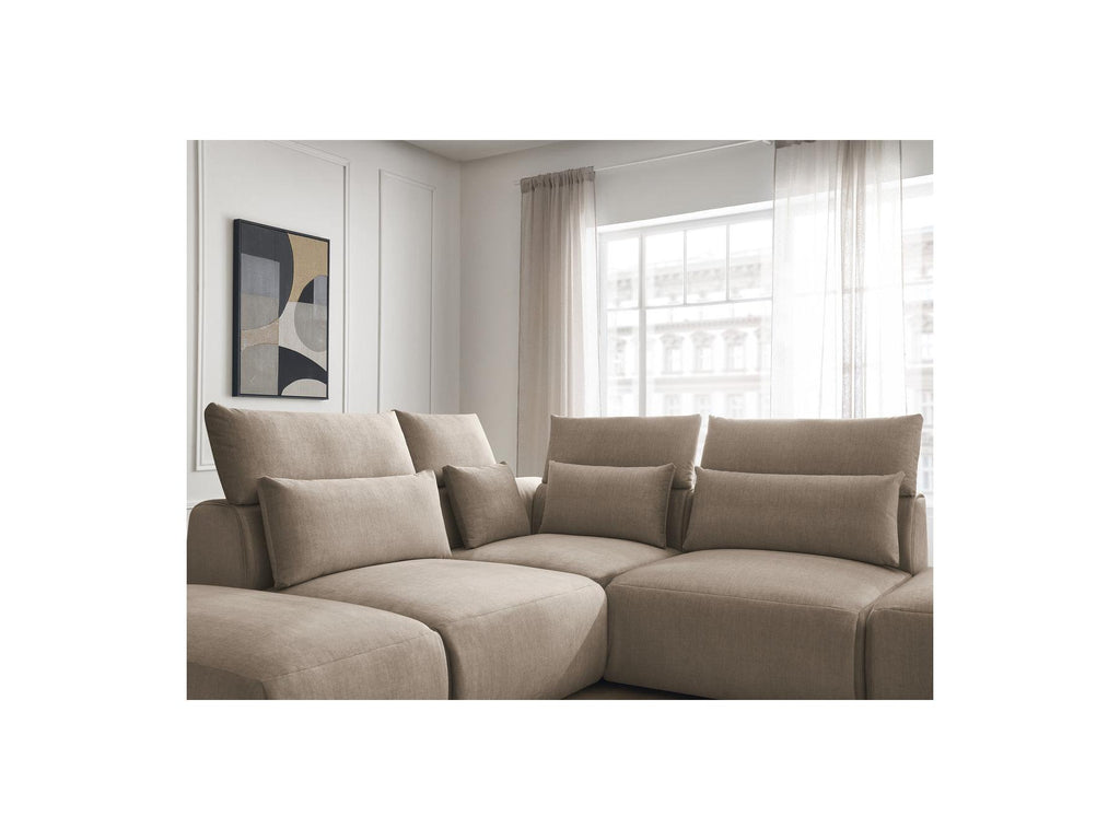 Jana - Canapé D'Angle Fixe Modulable Avec Têtières - Tissu Velours Avec 2 Chauffeuses, 1 Angle Et 2 Poufs - Réversible