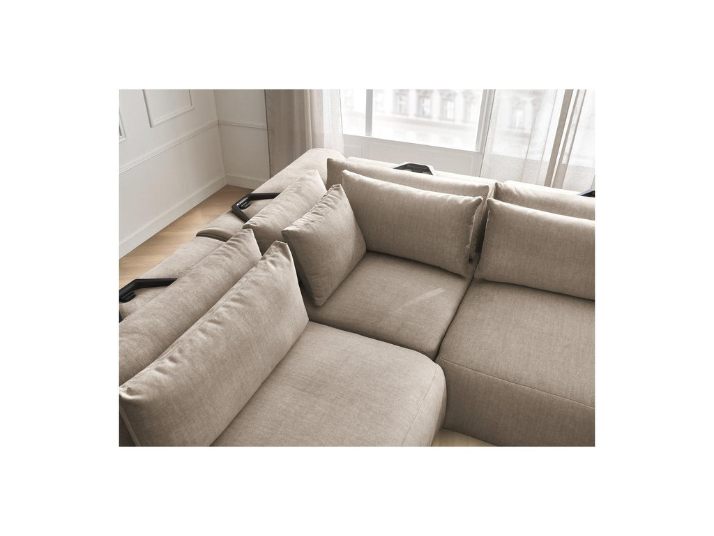 Jana - Canapé D'Angle Fixe Modulable Avec Têtières - Tissu Velours Avec 2 Chauffeuses, 1 Angle Et 2 Poufs - Réversible