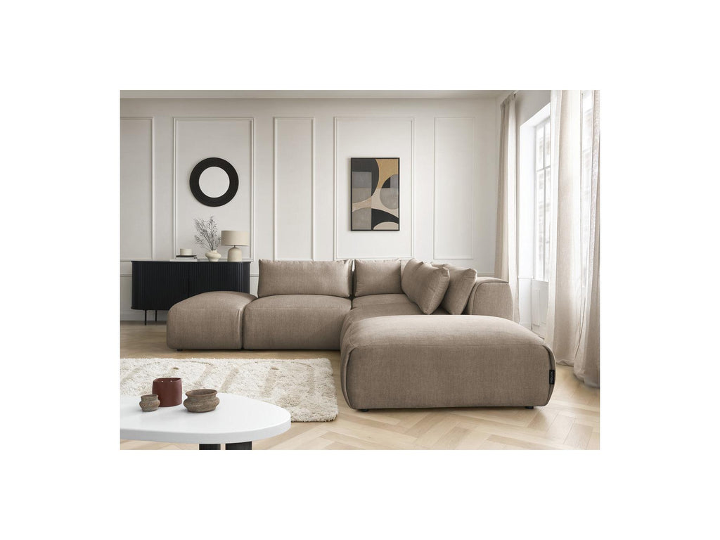 Jana - Canapé D'Angle Fixe Modulable Avec Têtières - Tissu Velours Avec 2 Chauffeuses, 1 Angle Et 2 Poufs - Réversible