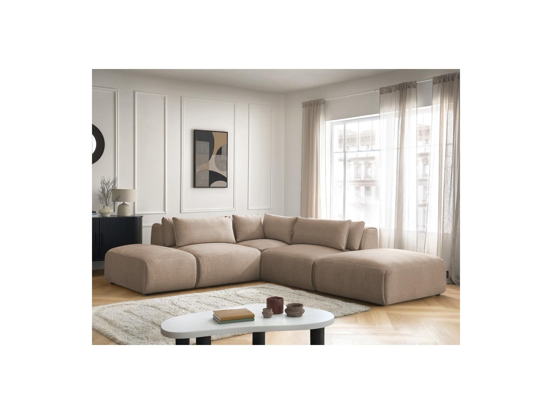 Jana - Canapé D'Angle Fixe Modulable Avec Têtières - Tissu Velours Avec 2 Chauffeuses, 1 Angle Et 2 Poufs - Réversible