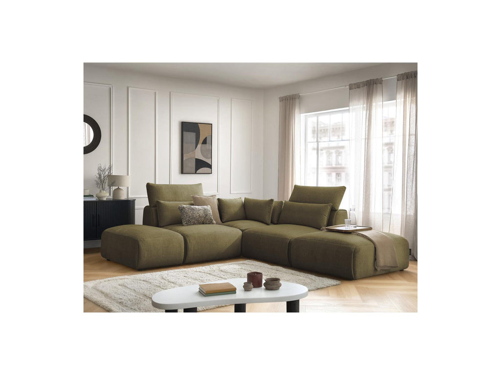 Jana - Canapé D'Angle Fixe Modulable Avec Têtières - Tissu Velours Avec 2 Chauffeuses, 1 Angle Et 2 Poufs - Réversible