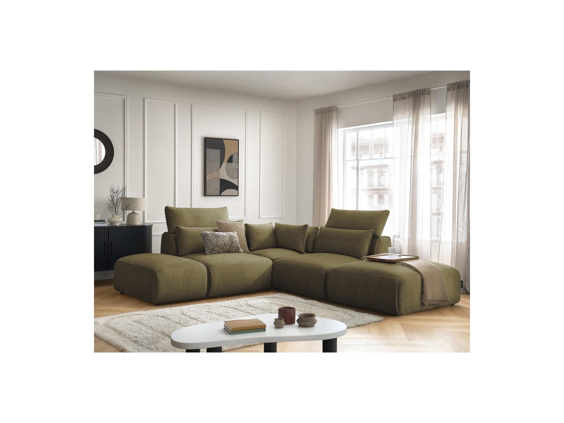 Jana - Canapé D'Angle Fixe Modulable Avec Têtières - Tissu Velours Avec 2 Chauffeuses, 1 Angle Et 2 Poufs - Réversible