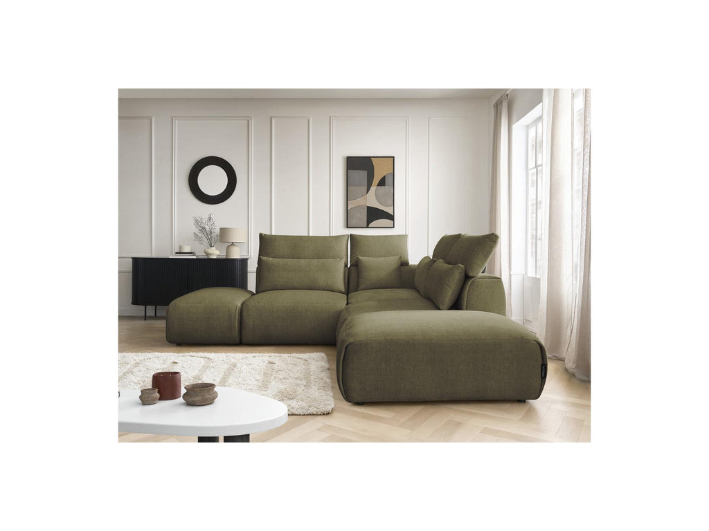 Jana - Canapé D'Angle Fixe Modulable Avec Têtières - Tissu Velours Avec 2 Chauffeuses, 1 Angle Et 2 Poufs - Réversible