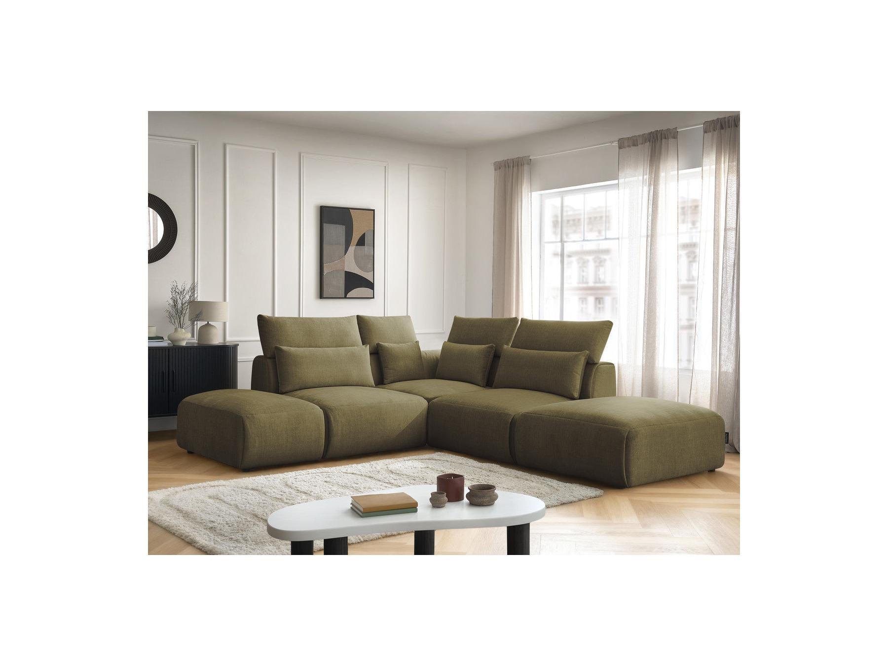Jana - Canapé D'Angle Fixe Modulable Avec Têtières - Tissu Velours Avec 2 Chauffeuses, 1 Angle Et 2 Poufs - Réversible