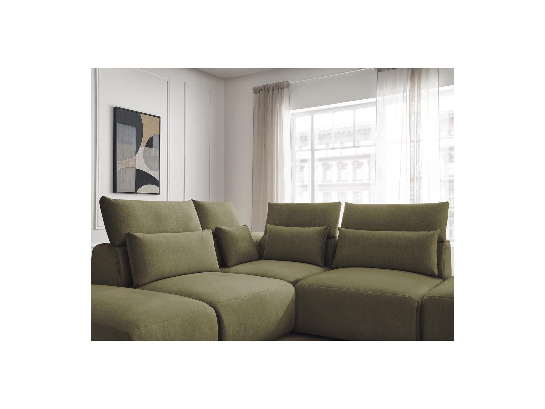 Jana - Canapé D'Angle Fixe Modulable Avec Têtières - Tissu Velours Avec 2 Chauffeuses, 1 Angle Et 2 Poufs - Réversible