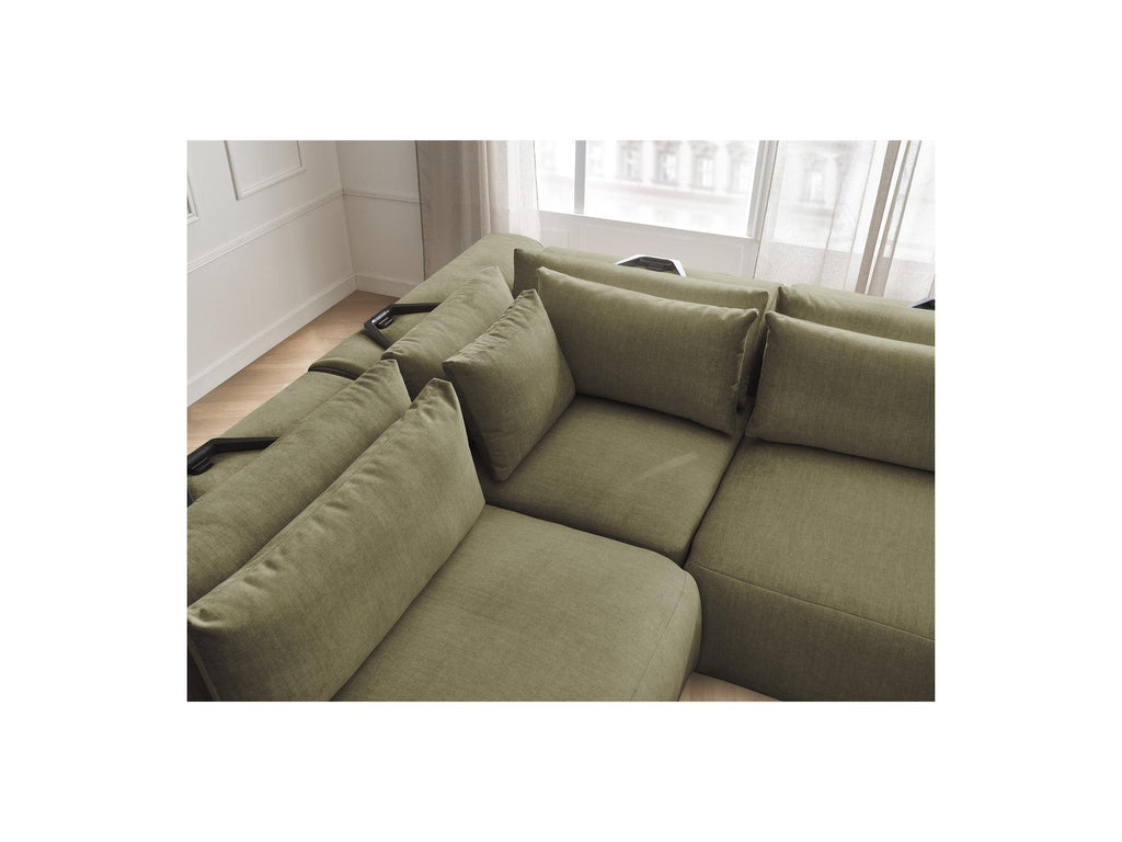 Jana - Canapé D'Angle Fixe Modulable Avec Têtières - Tissu Velours Avec 2 Chauffeuses, 1 Angle Et 2 Poufs - Réversible