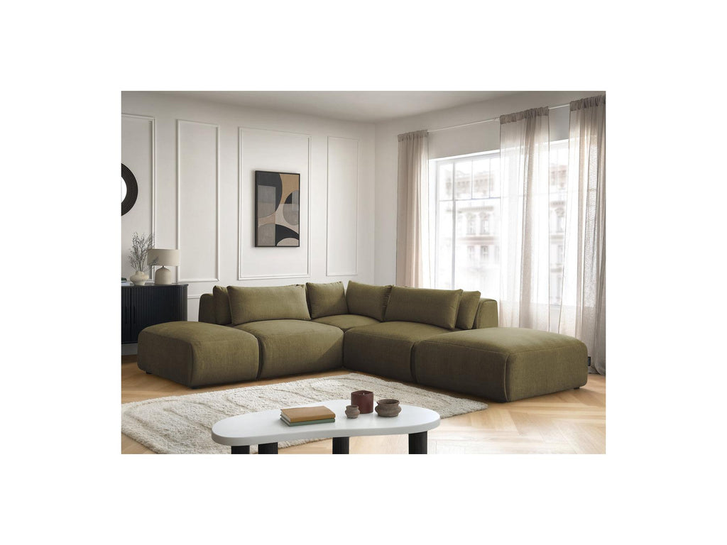 Jana - Canapé D'Angle Fixe Modulable Avec Têtières - Tissu Velours Avec 2 Chauffeuses, 1 Angle Et 2 Poufs - Réversible