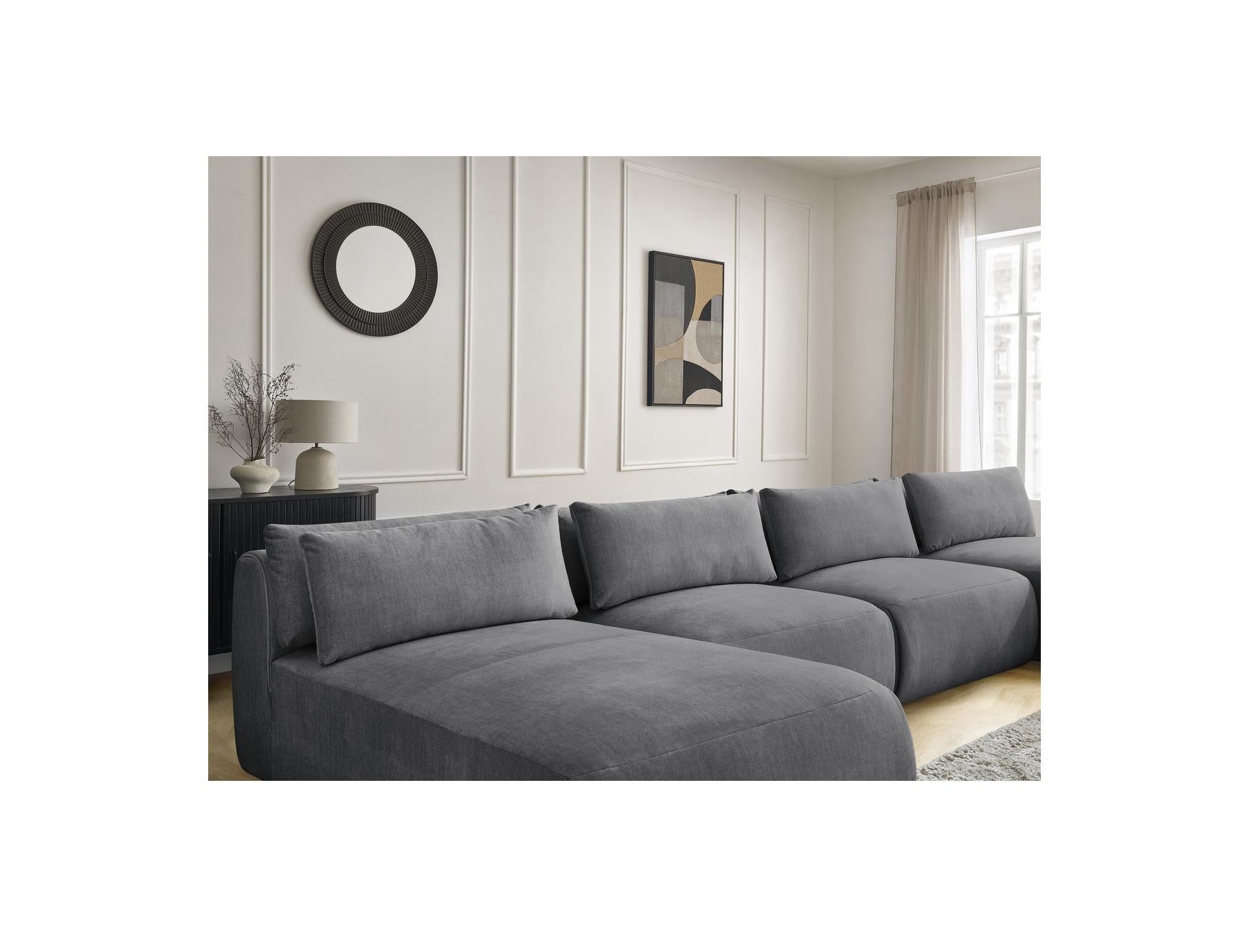 Jana - Sofá panorámico fijo modular con reposacabezas - Tejido de terciopelo con 2 chaises longues y 2 sillones