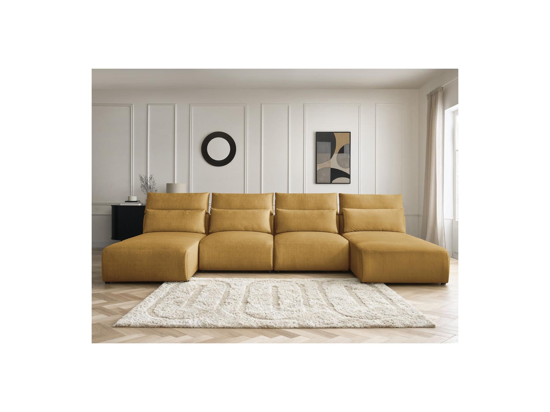Jana - Sofá panorámico fijo modular con reposacabezas - Tejido de terciopelo con 2 chaises longues y 2 sillones