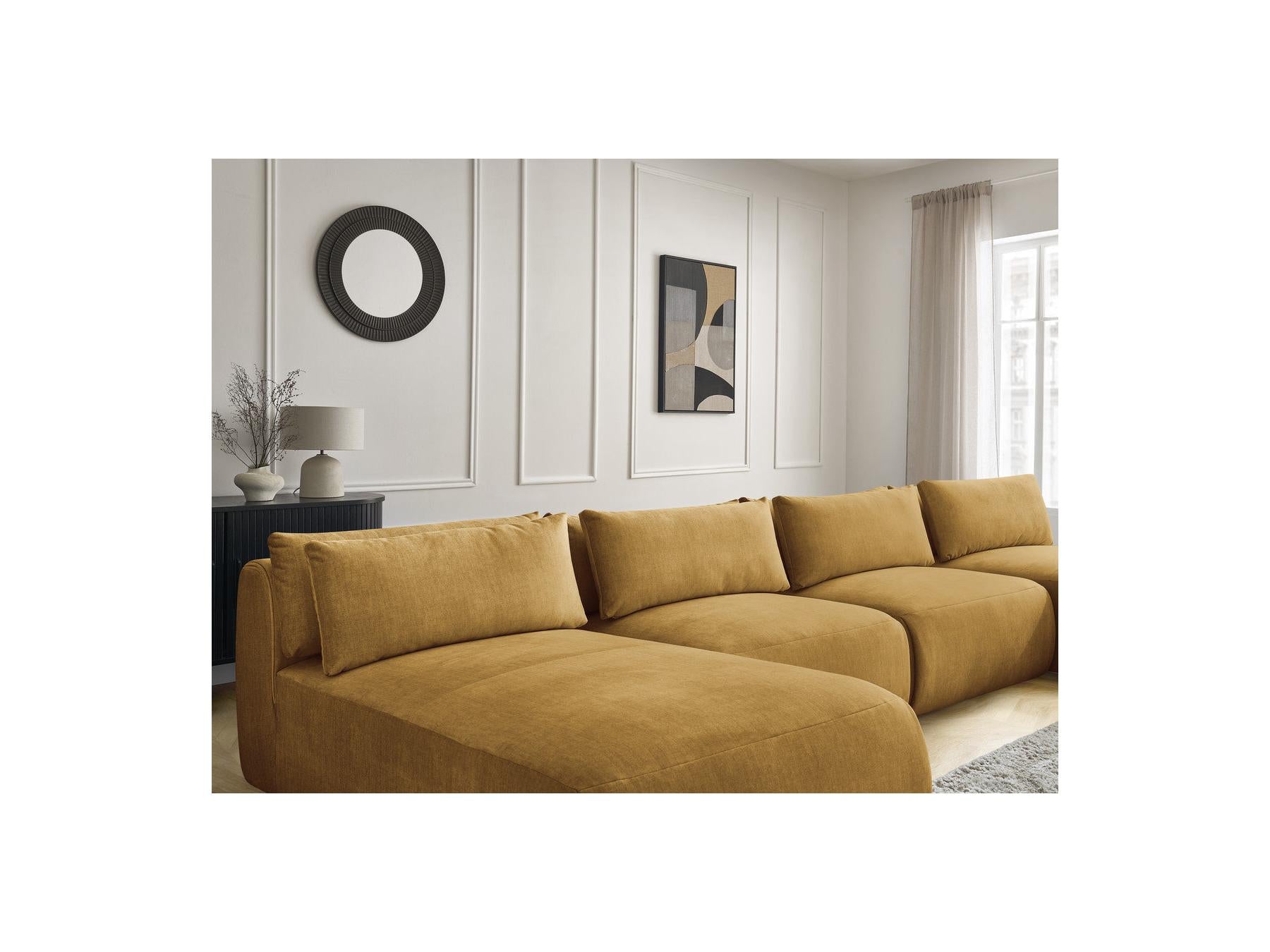 Jana - Sofá panorámico fijo modular con reposacabezas - Tejido de terciopelo con 2 chaises longues y 2 sillones