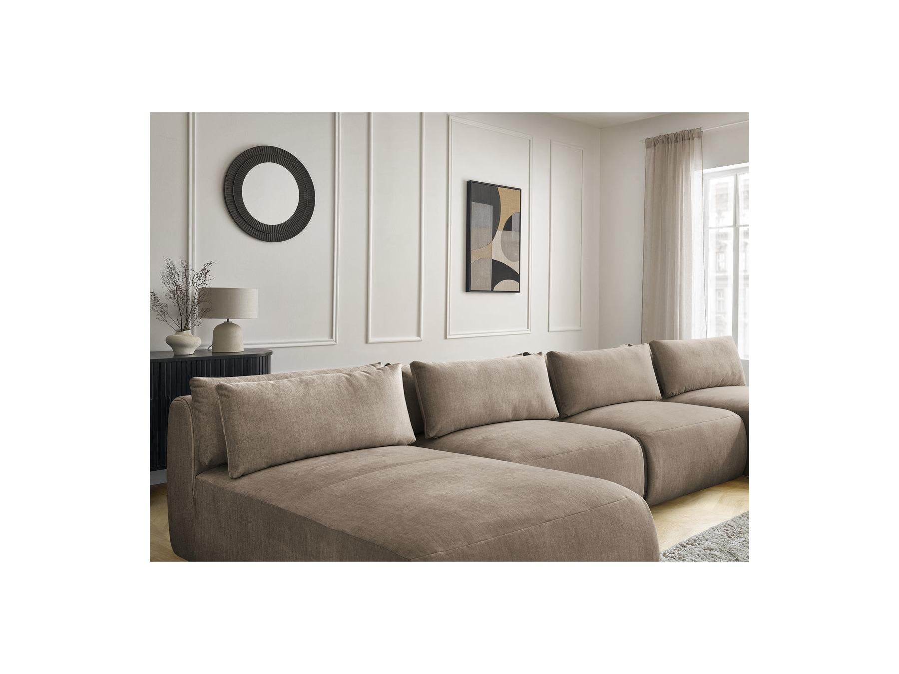 Jana - Sofá panorámico fijo modular con reposacabezas - Tejido de terciopelo con 2 chaises longues y 2 sillones