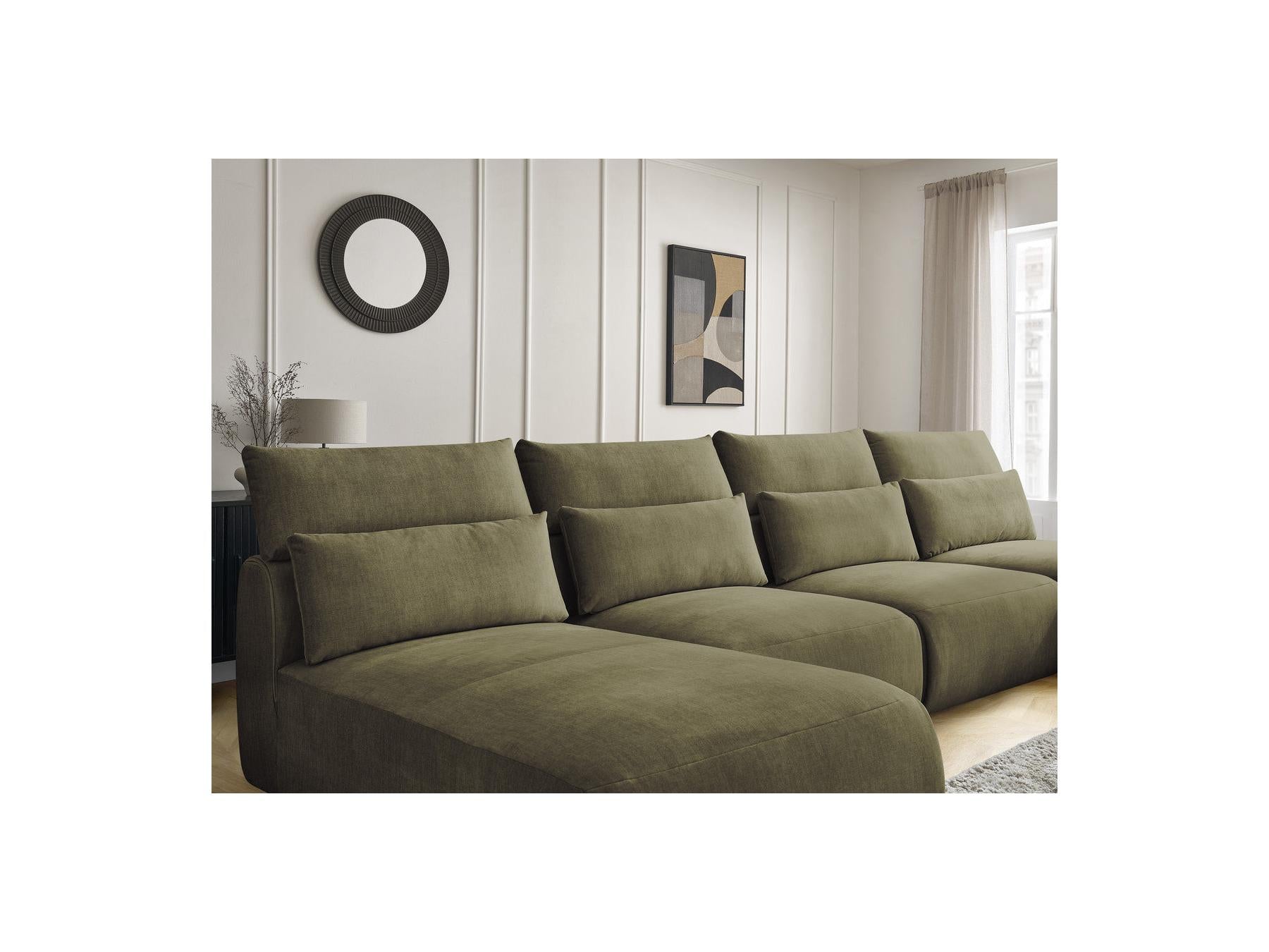 Jana - Sofá panorámico fijo modular con reposacabezas - Tejido de terciopelo con 2 chaises longues y 2 sillones