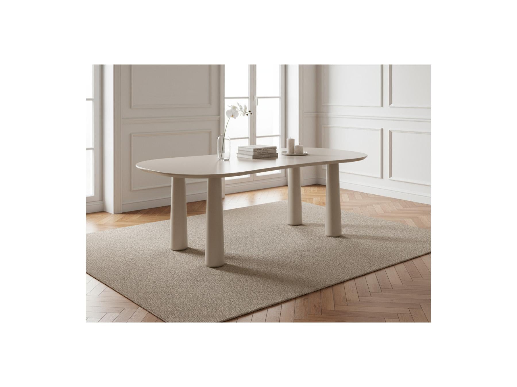 Sasha - Set with Oval Dining Table + Rosa Chairs - Beige Velvet Fabric - Set of 4 Chairs
