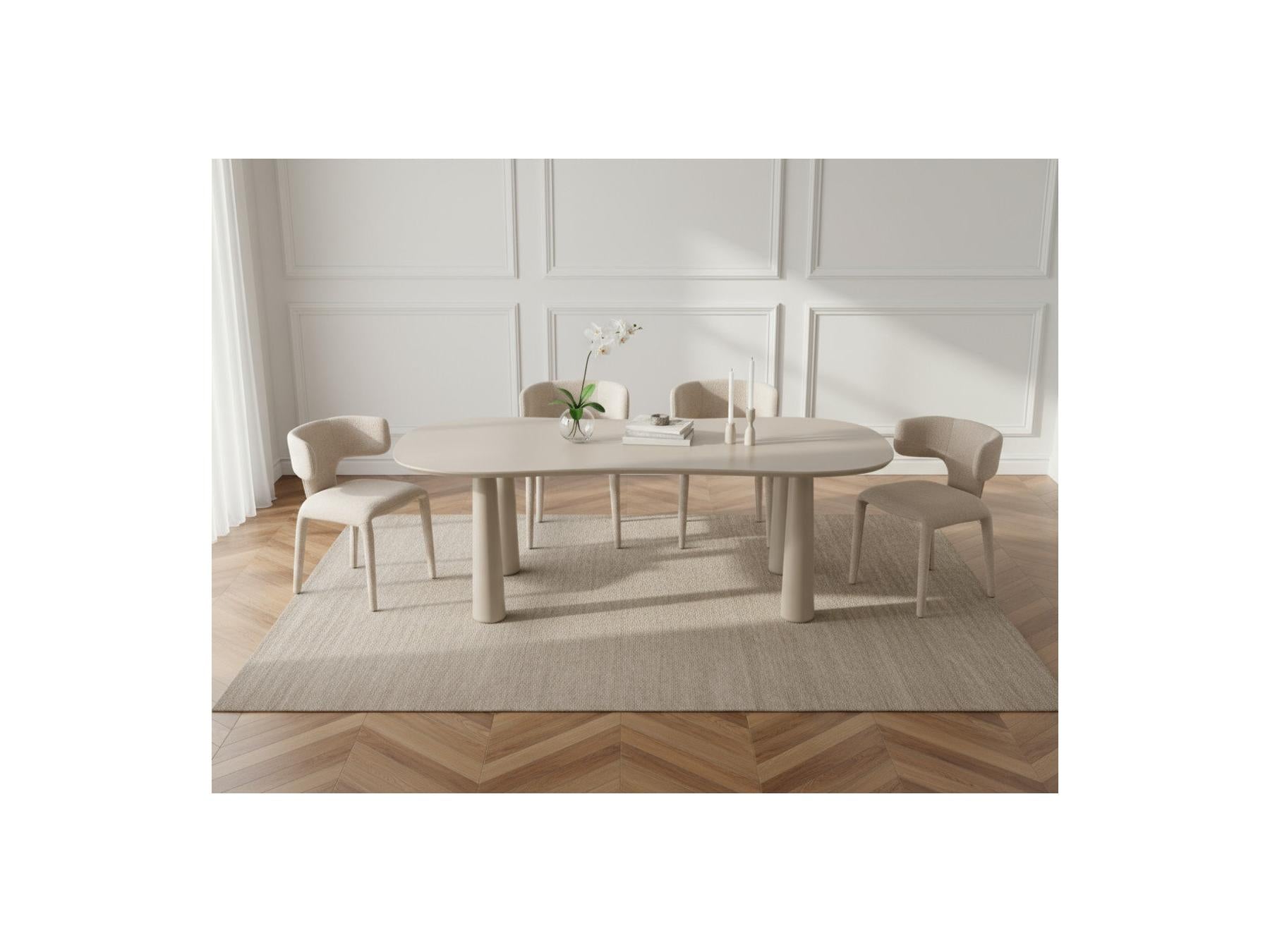 Sasha - Conjunto - Con mesa de comedor ovalada beige + sillas Mila de tejido texturizado - Lote de 4 sillas