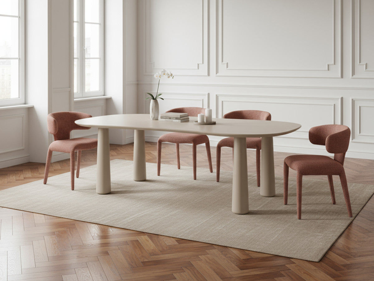 Sasha - Conjunto - Con mesa de comedor ovalada beige + sillas Mila de tejido texturizado - Lote de 4 sillas