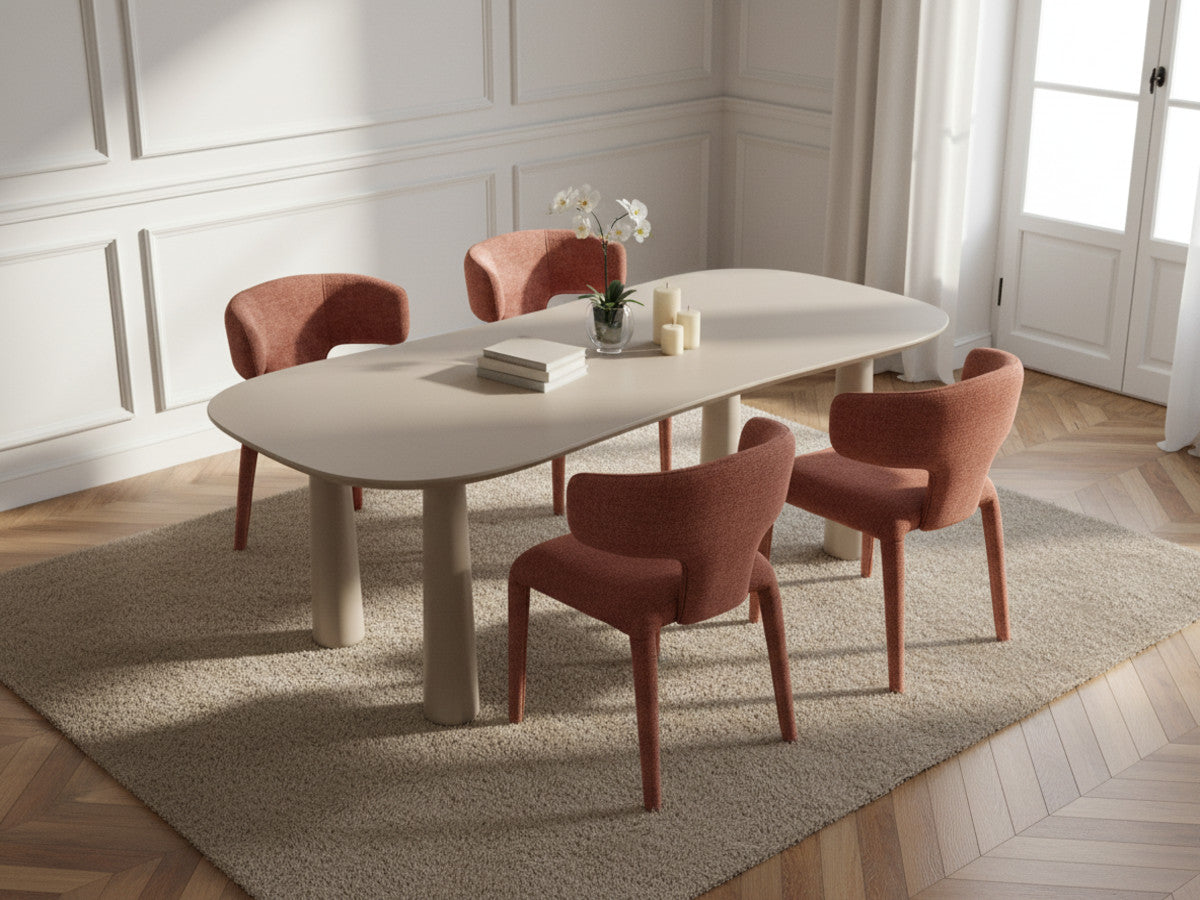 Sasha - Conjunto - Con mesa de comedor ovalada beige + sillas Mila de tejido texturizado - Lote de 4 sillas