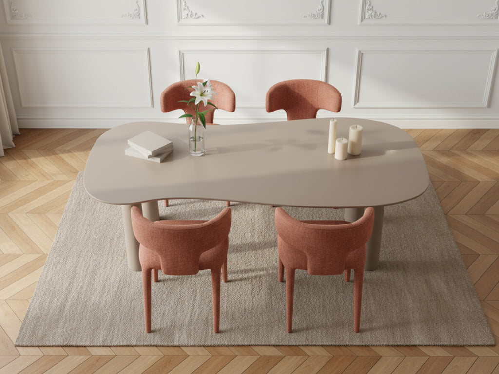 Sasha - Conjunto - Con mesa de comedor ovalada beige + sillas Mila de tejido texturizado - Lote de 4 sillas