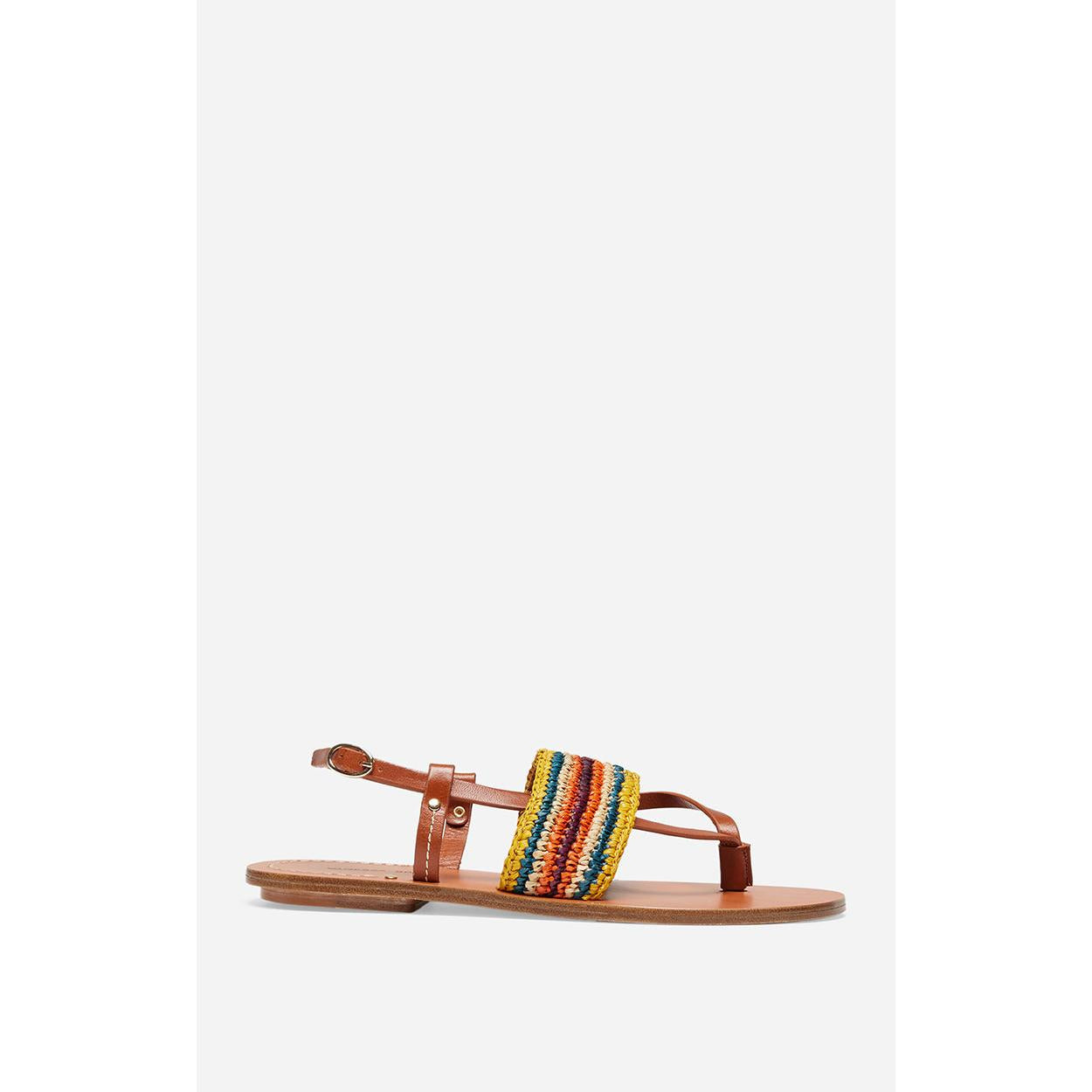 Raffia & Vegetable-Tanned Leather Flat Sandals - Multicolour
