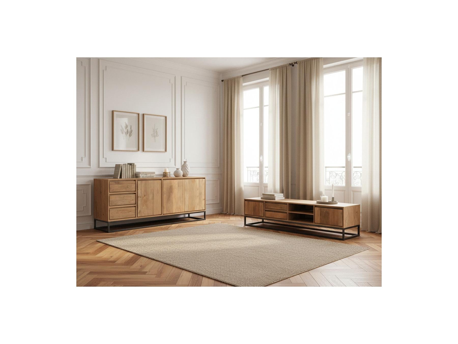 Bergerac - Ensemble Avec Buffet 190 Cm + Meuble Tv 200 Cm Bois Massif De Manguier