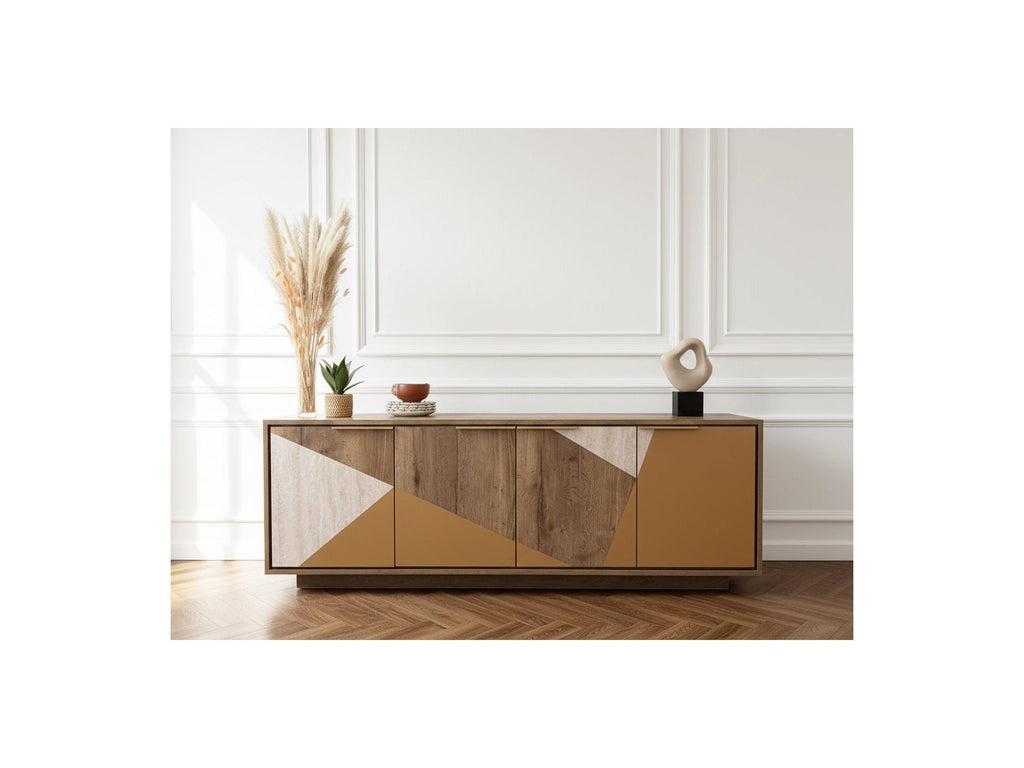 Tulum - 4-Door Sideboard 190 cm Wood and Travertine Effect