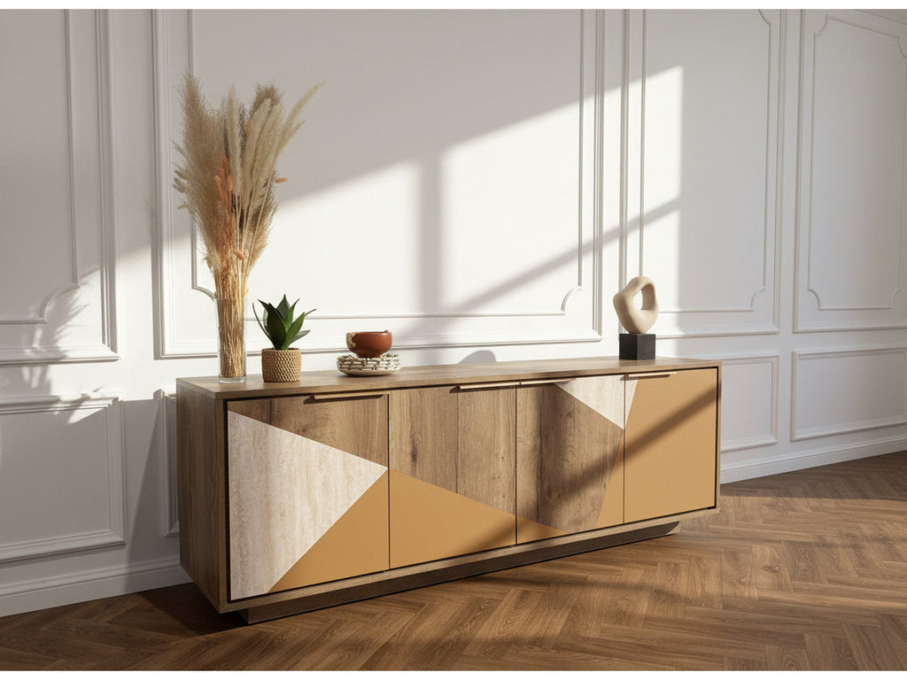 Tulum - 4-Door Sideboard 190 cm Wood and Travertine Effect