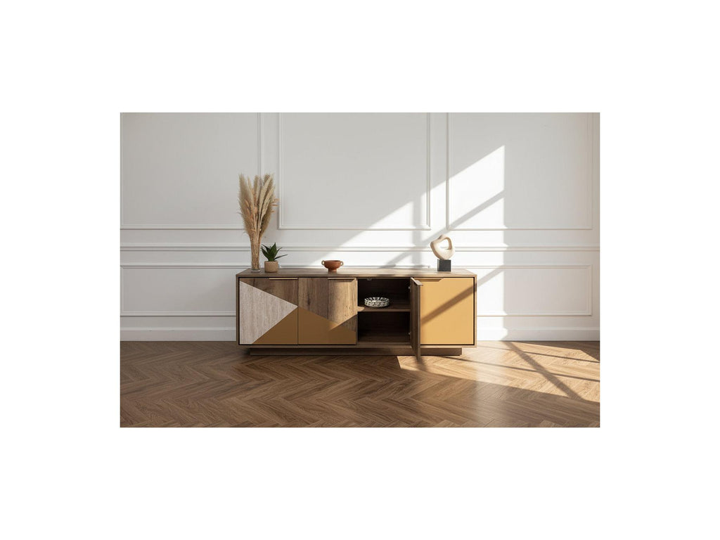Tulum - 4-Door Sideboard 190 cm Wood and Travertine Effect