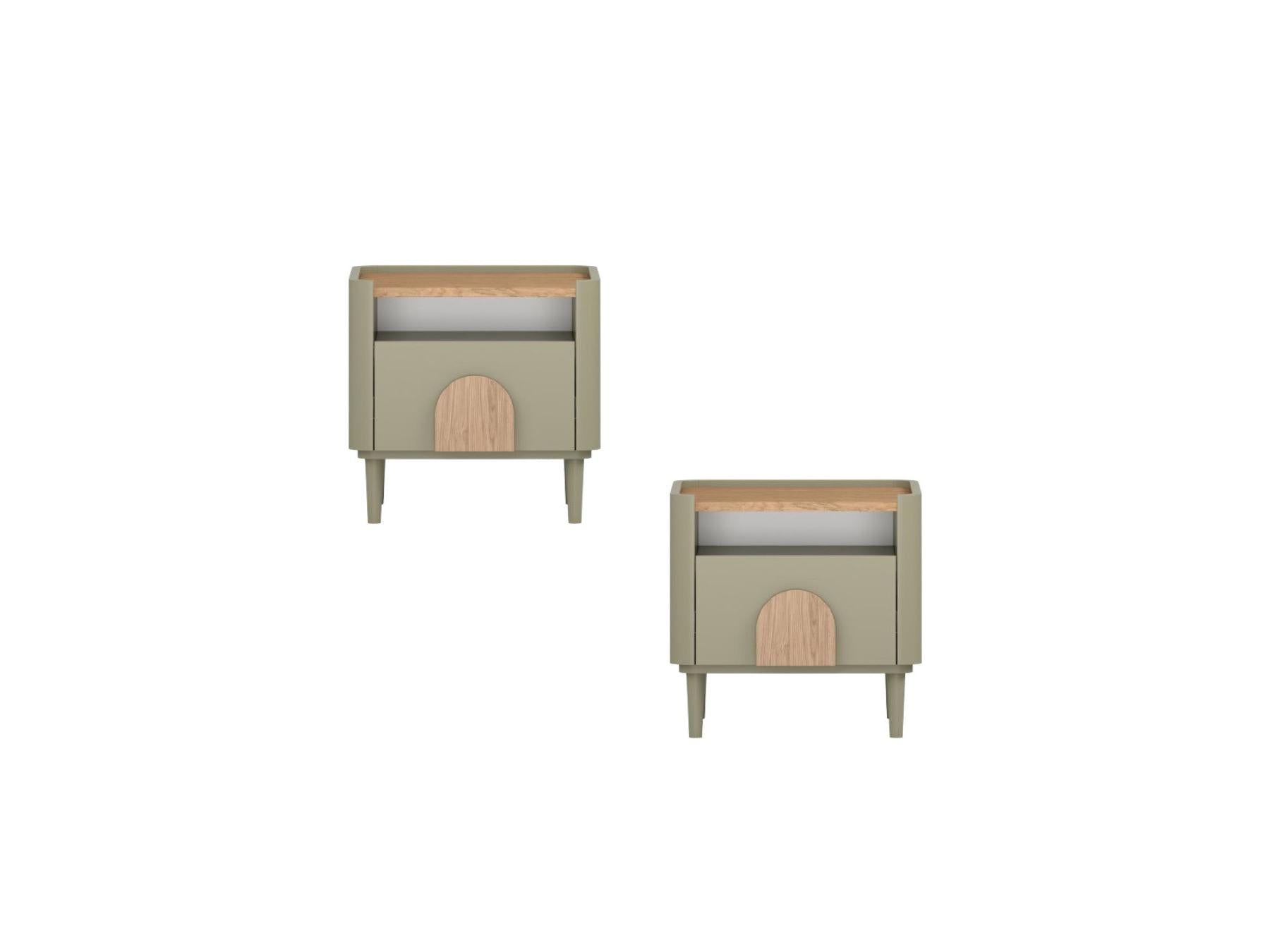 Enyra - Set of 2 Bedside Tables, 1 Drawer - Solid Wood Legs