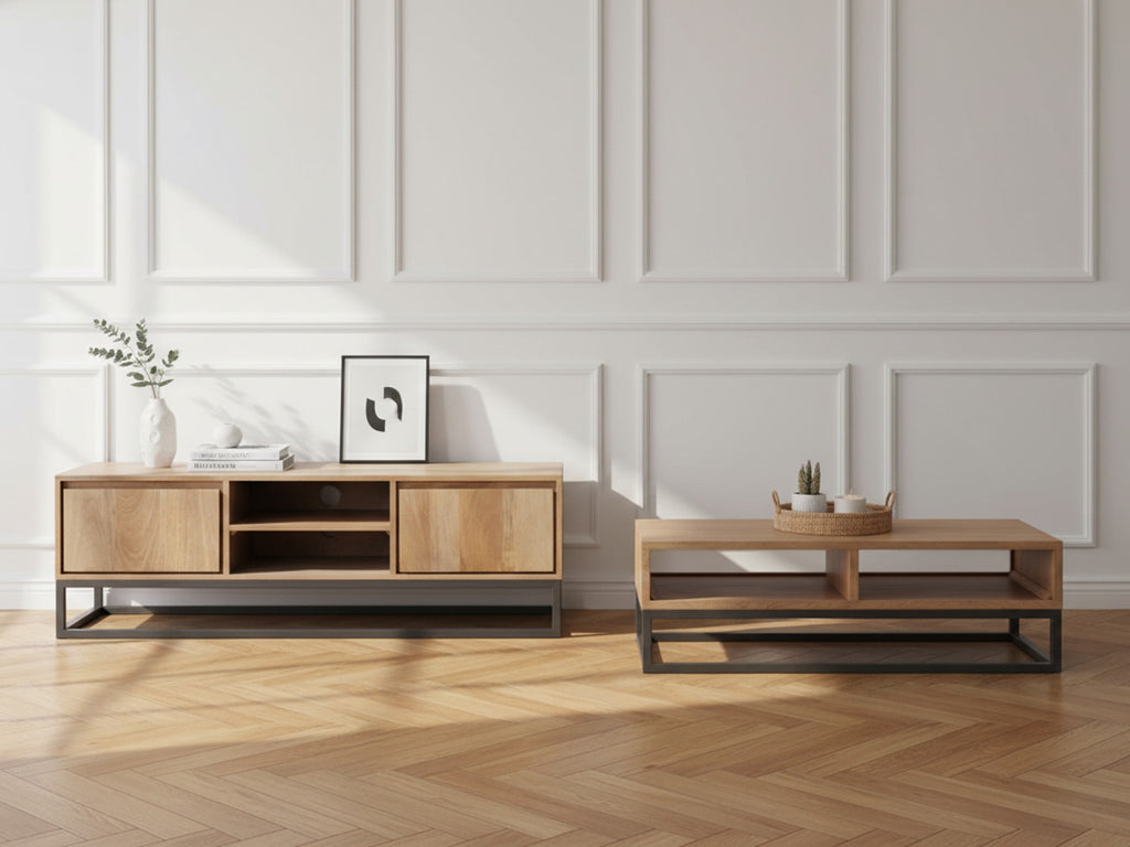 Bergerac - Set with TV Unit + Coffee Table in Solid Mango Wood