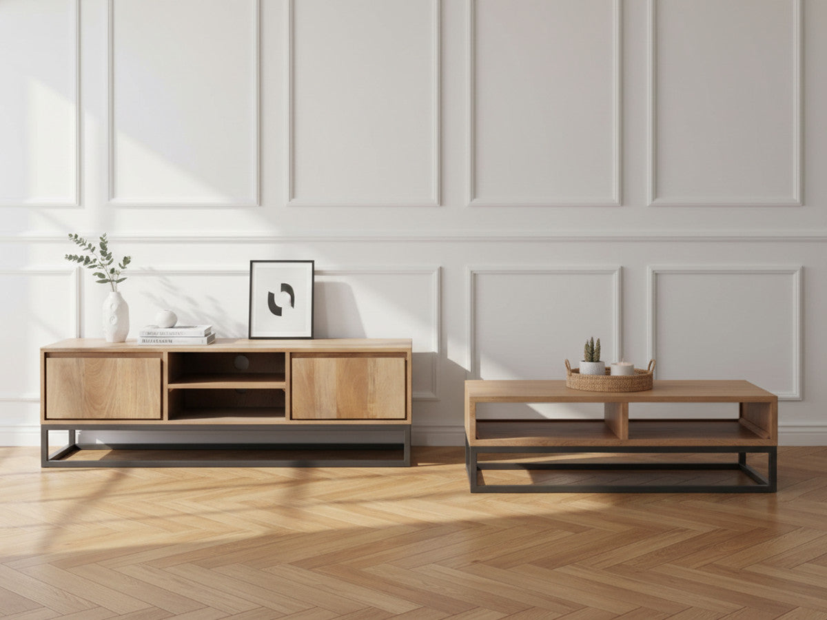 Bergerac - Set with TV Unit + Coffee Table in Solid Mango Wood