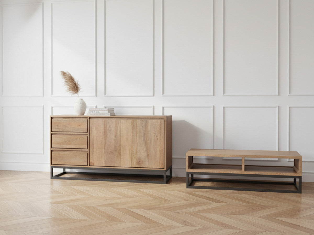 Bergerac - Ensemble Avec Buffet 150 Cm + Table Basse Bois Massif De Manguier
