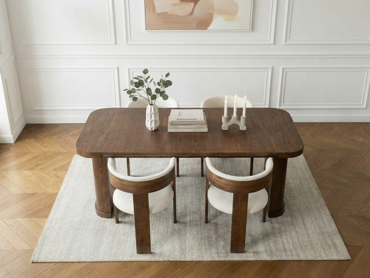 Cassis - Set with Extendable Console Table 43 to 187 cm + 4 Borely Chairs - Solid Oak Veneer and Bouclé Fabric