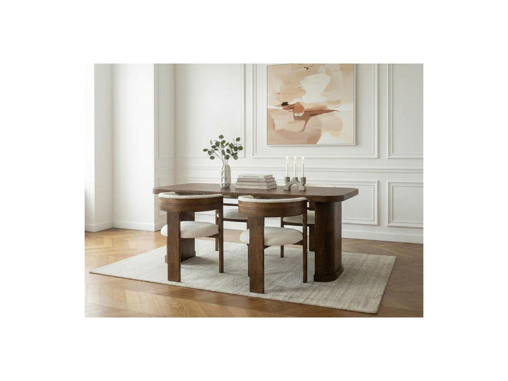 Cassis - Set with Extendable Console Table 43 to 187 cm + 4 Borely Chairs - Solid Oak Veneer and Bouclé Fabric
