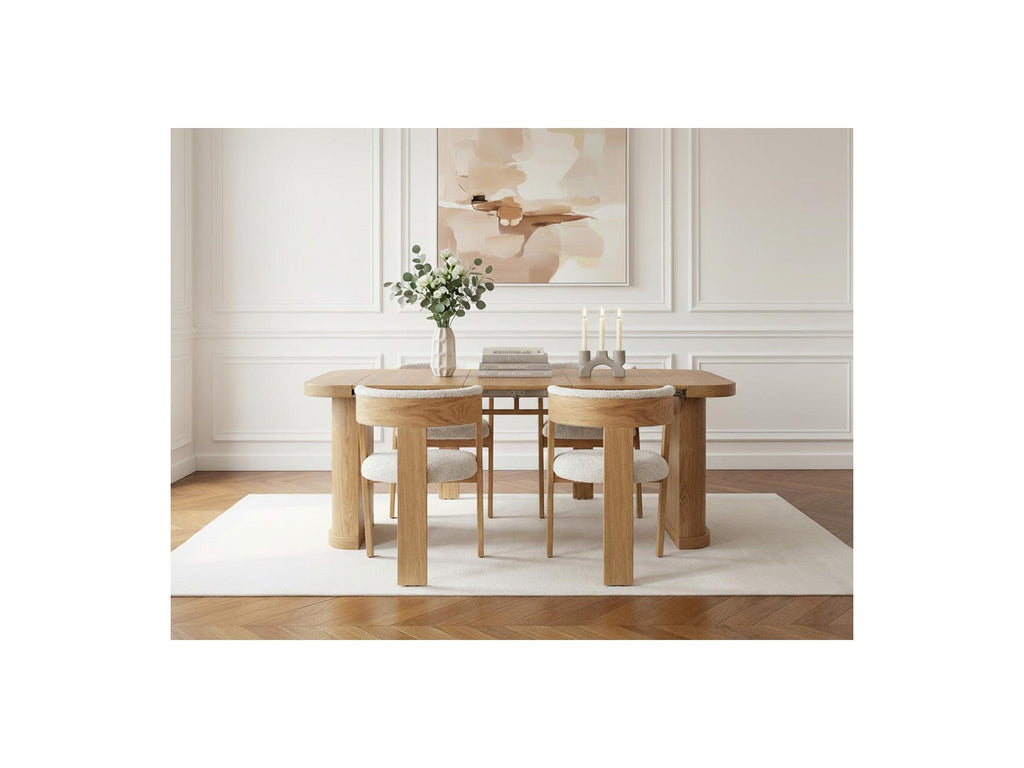 Cassis - Set with Extendable Console Table 43 to 187 cm + 4 Borely Chairs - Solid Oak Veneer and Bouclé Fabric