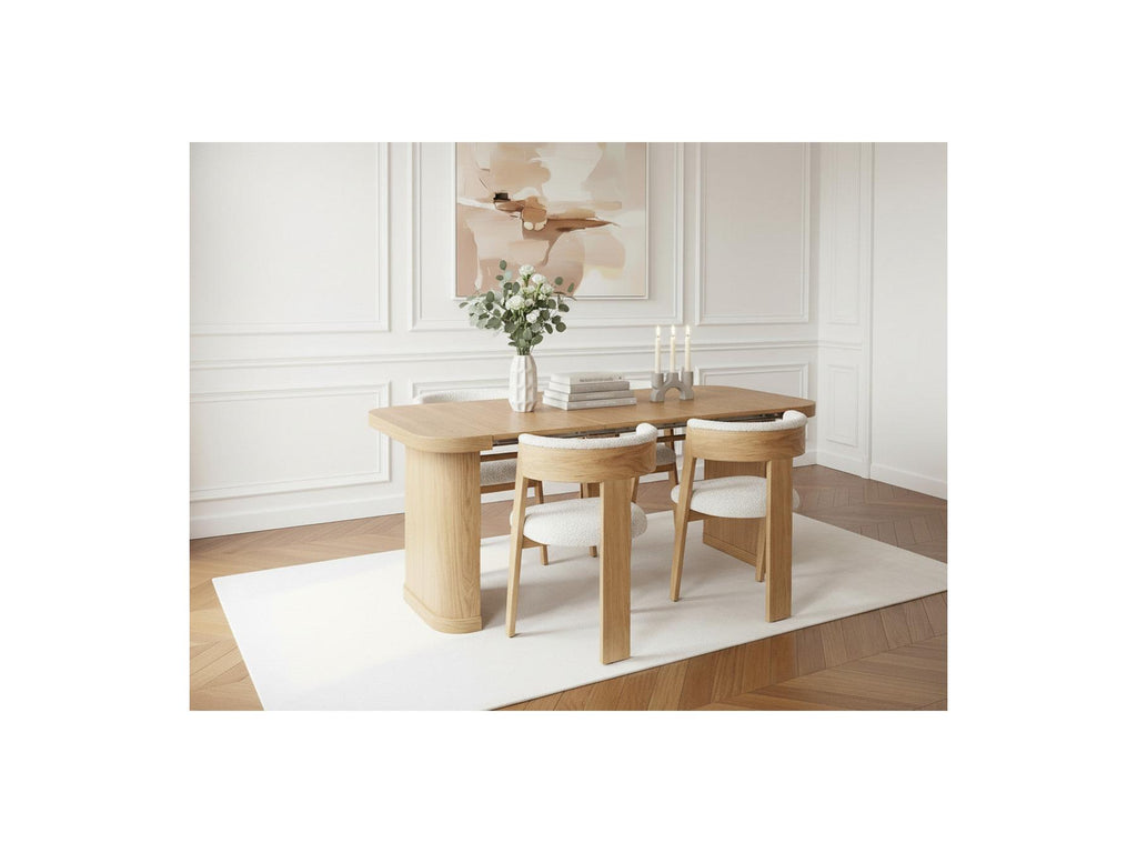 Cassis - Set with Extendable Console Table 43 to 187 cm + 4 Borely Chairs - Solid Oak Veneer and Bouclé Fabric