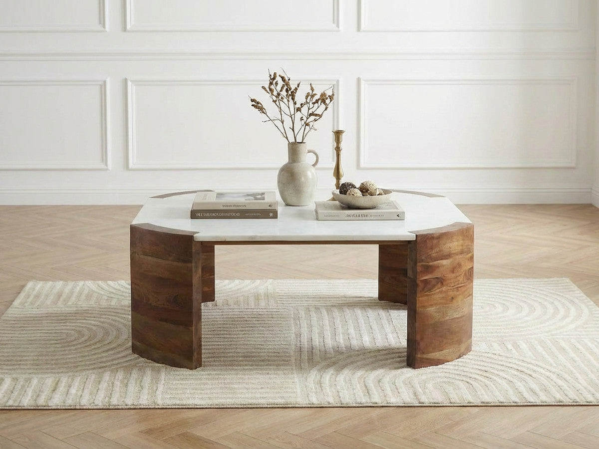 Torvi - Mesa de centro cuadrada Torvi con tablero de mármol y patas de madera maciza de mango