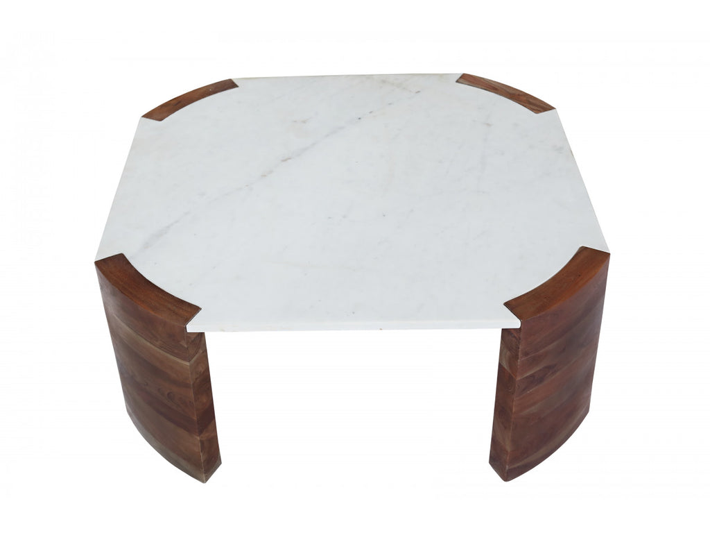 Torvi - Mesa de centro cuadrada Torvi con tablero de mármol y patas de madera maciza de mango