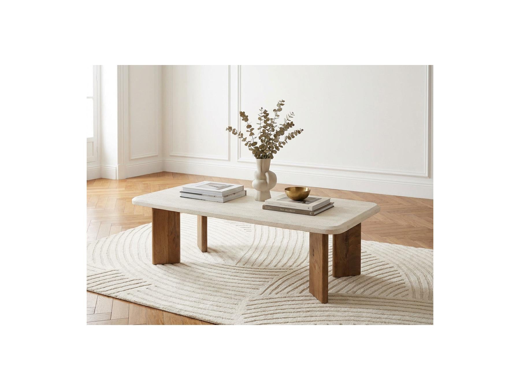 Arya - Table Basse Rectangulaire 120 Cm Effet Travertin Et Pieds Bois Massif De Manguier