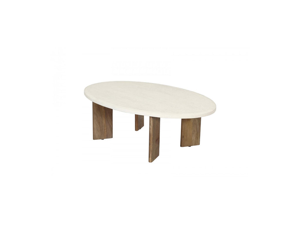 Arya - Oval Coffee Table 110 Cm Travertine Effect And Solid Mango Wood Legs