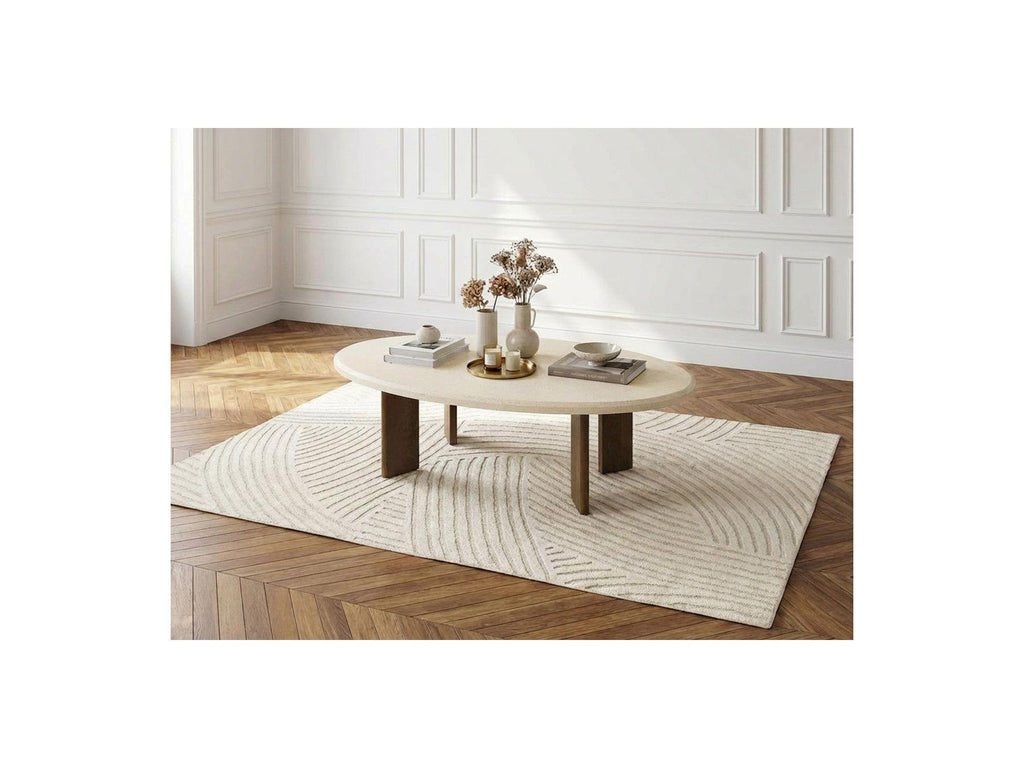 Arya - Oval Coffee Table 110 Cm Travertine Effect And Solid Mango Wood Legs