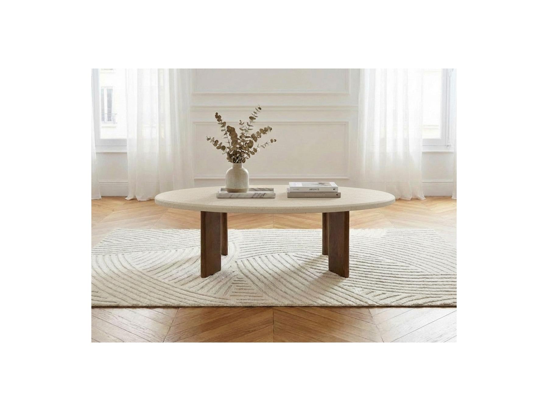 Arya - Oval Coffee Table 110 Cm Travertine Effect And Solid Mango Wood Legs