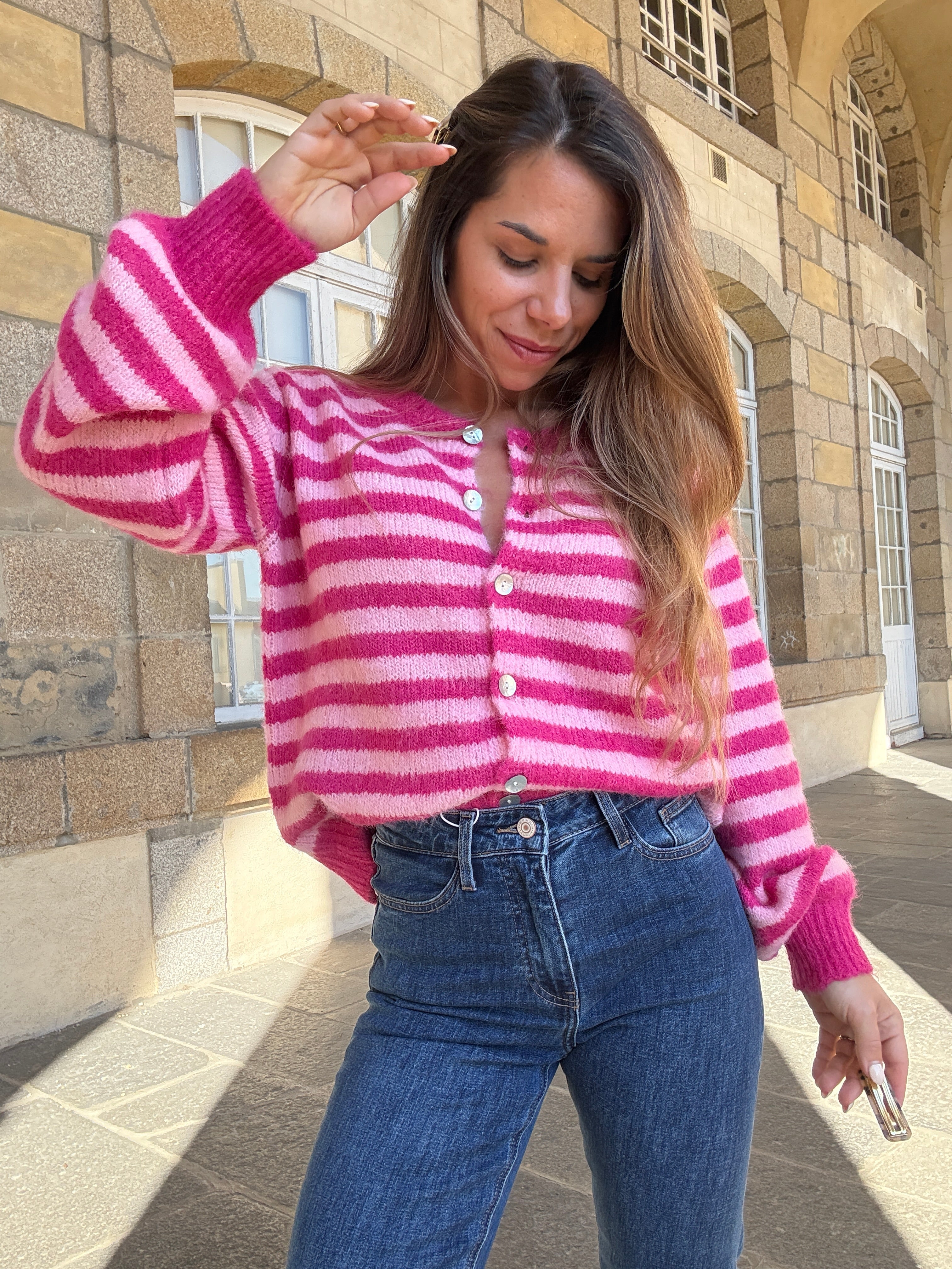 Pink And Red Striped Solela Cardigan