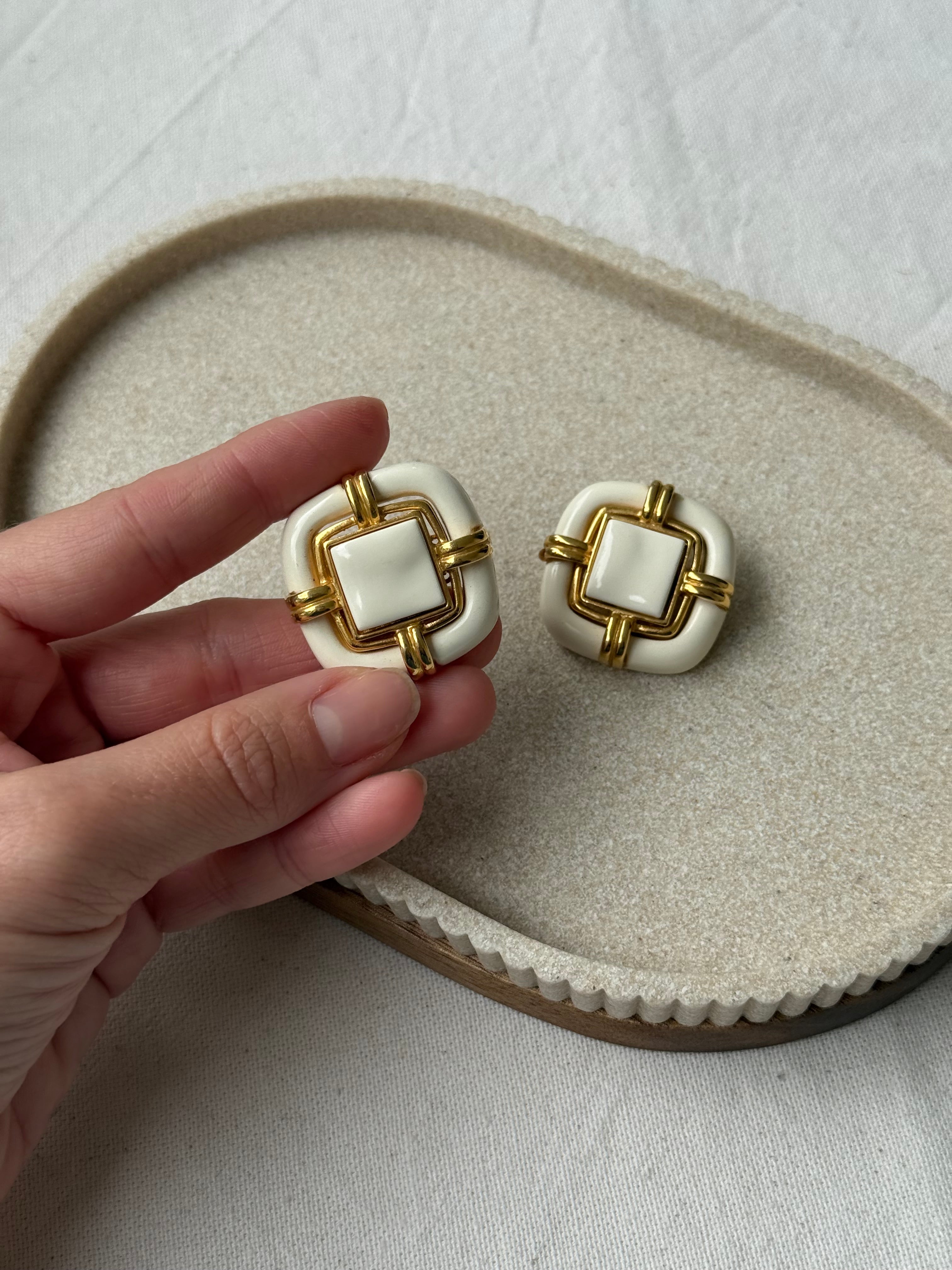 Vintage Earrings - White Resin and Gold Metal