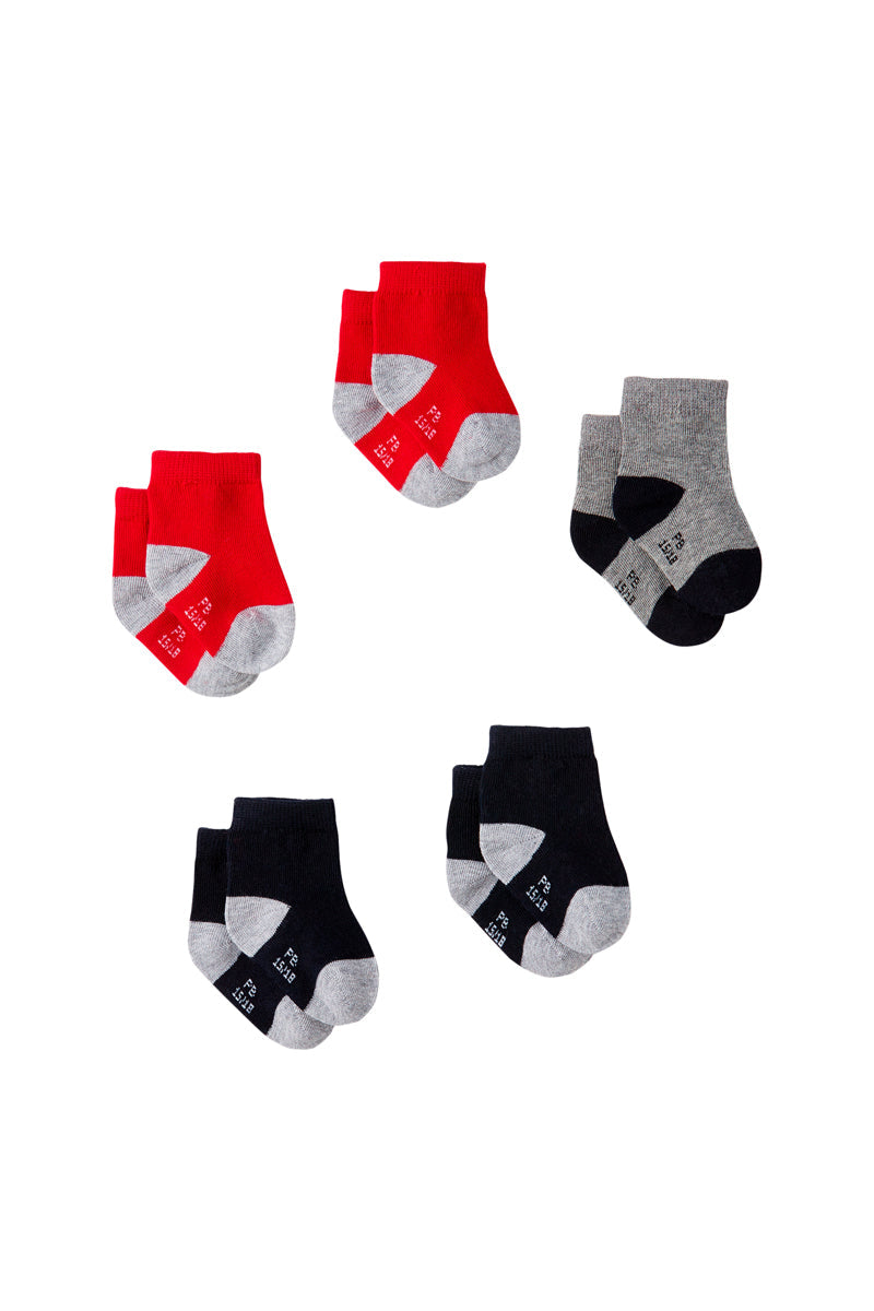 5 Pares De Calcetines - Rojo, Negro Y Gris Jaspeado - Bebé Niño