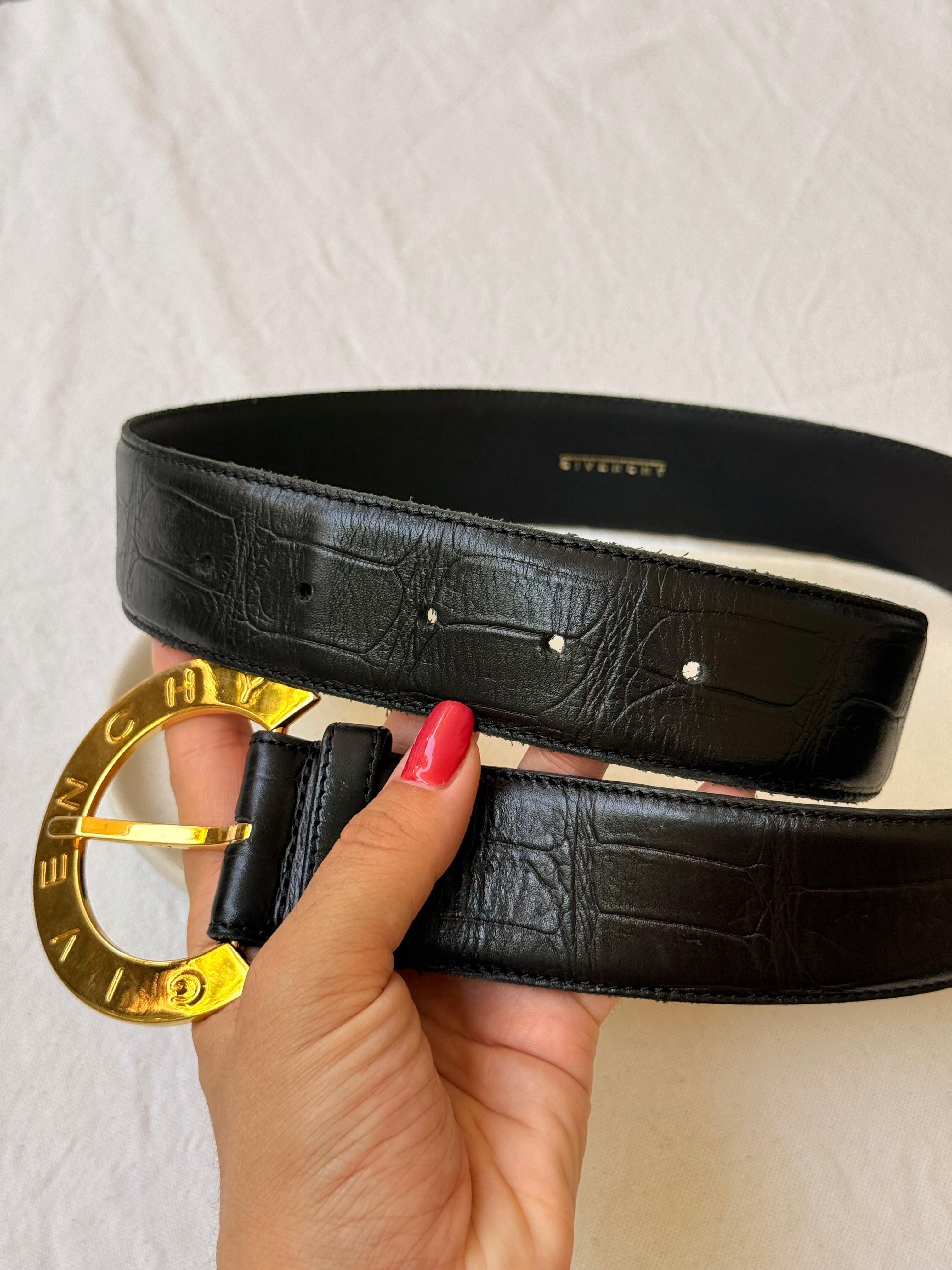 Vintage Givenchy Belt - Black Leather And Gold-Tone Logo Buckle