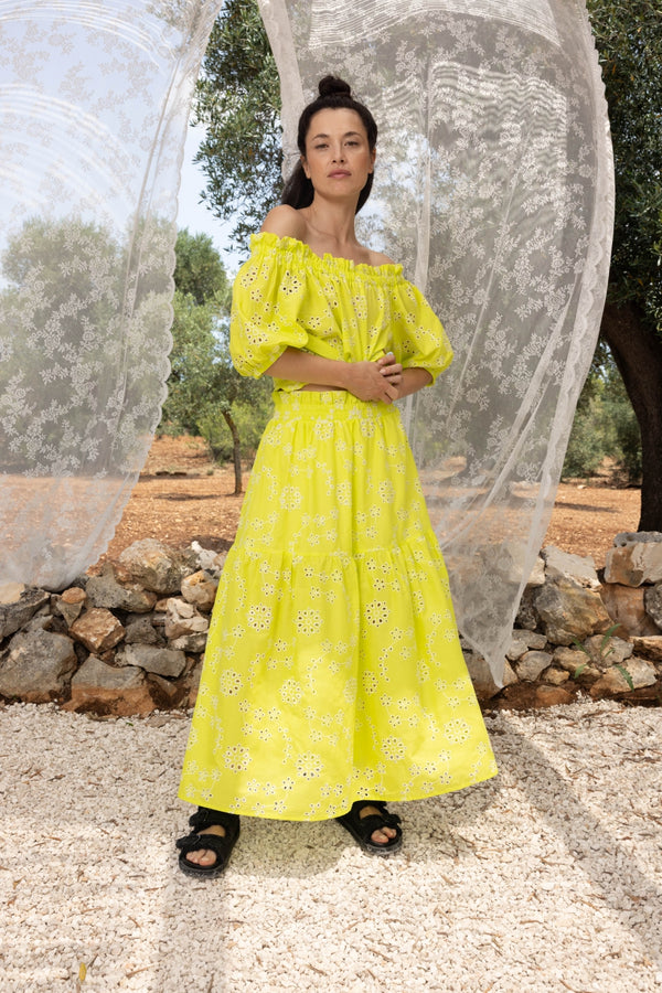The Nuria Broderie Anglaise Maxi Skirt Lemon Yellow
