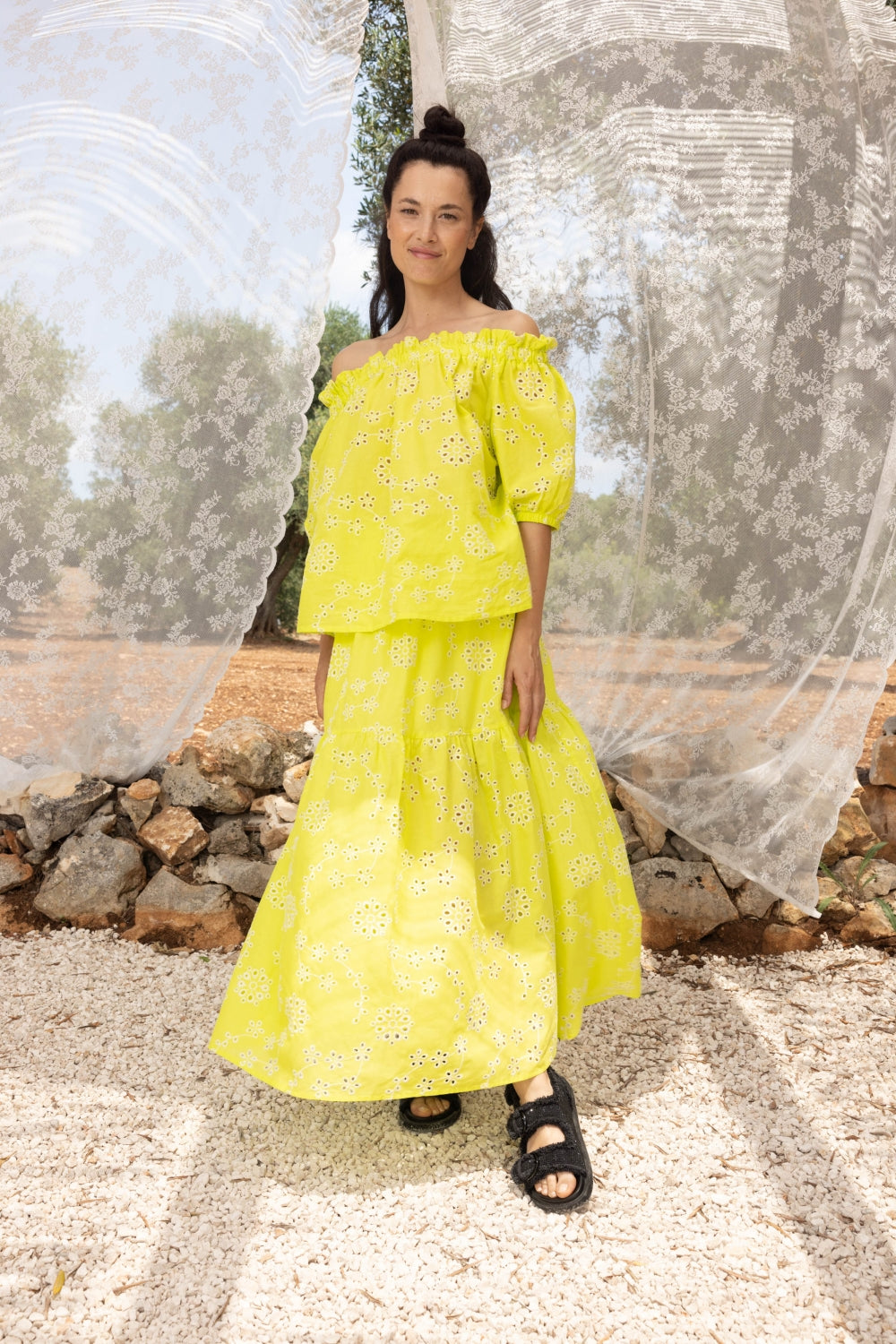 La Maxi Jupe Nuria Broderie Anglaise Jaune Citron