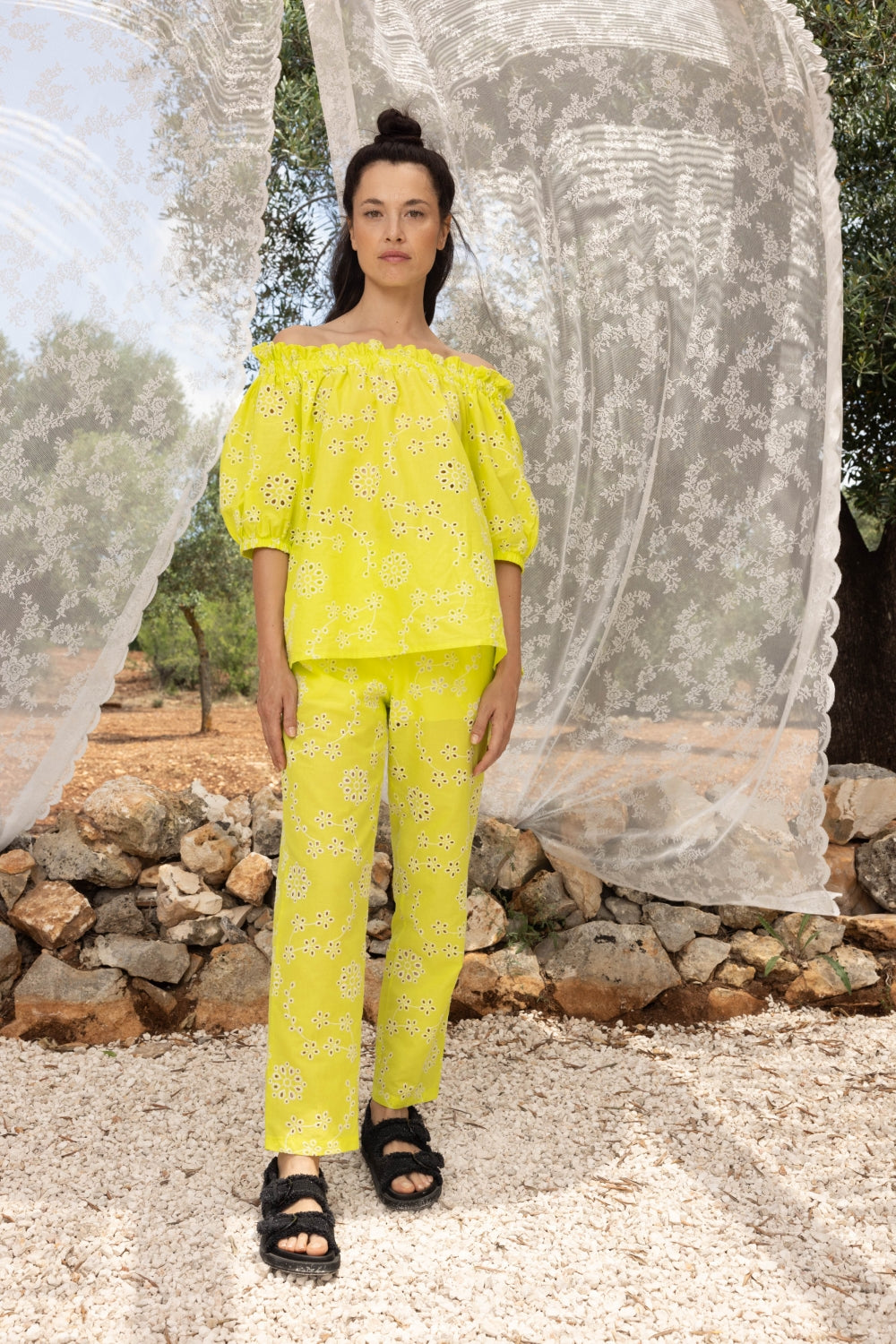 Lemon Yellow English Embroidery Fanny Trousers