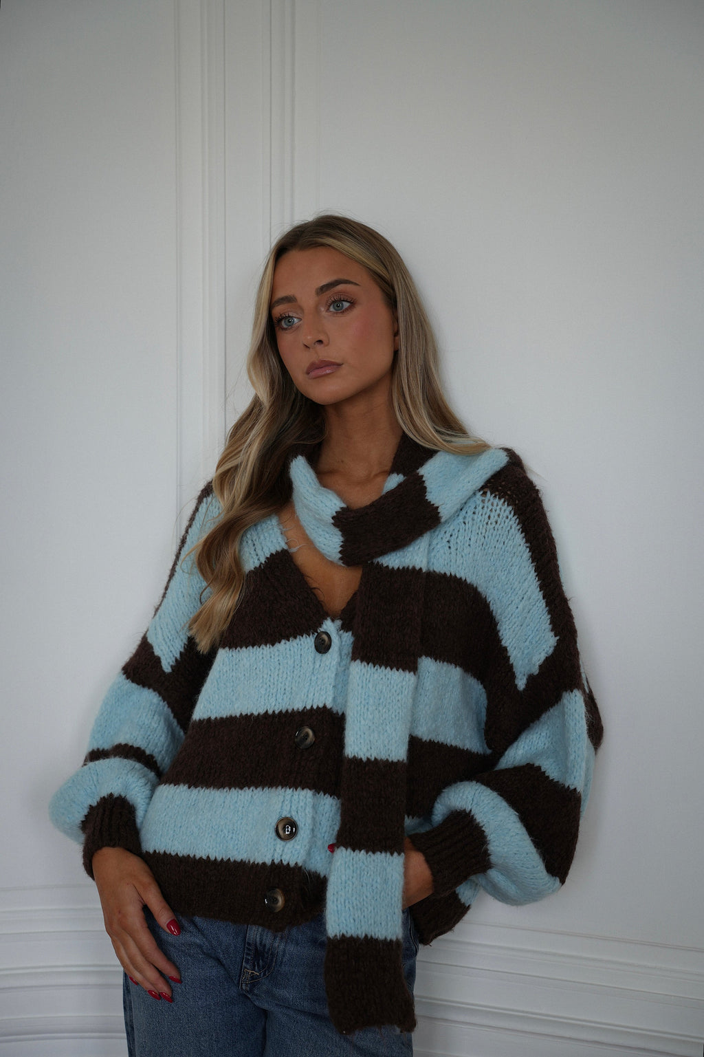 Chaleco tipo bufanda a rayas Jasmin - Azul/Chocolate